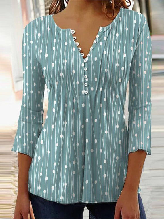 Casual V-neck 3/4 Sleeves Polka Dots Stripes Top