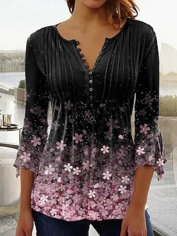 Black Casual Graphic Tops V Neck Floral Printed Long Sleeve Blouse