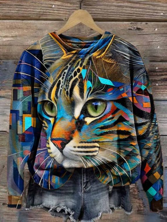 Blue Stylish Art Cat Print Sweatshirt