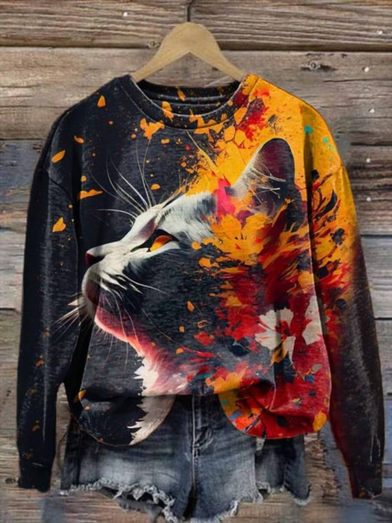 Black Stylish Art Cat Print Sweatshirt