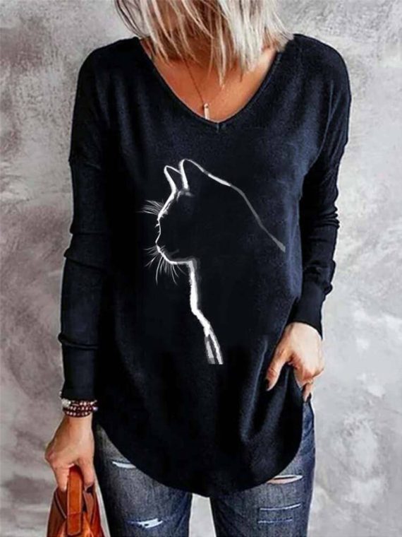 Cat Print V-Neck Casual Long Sleeve T-Shirt