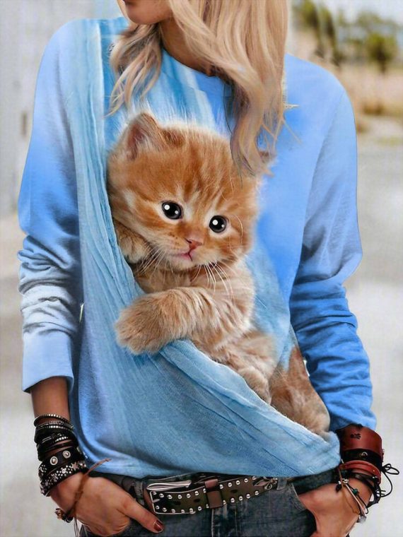 Cute 3D Cat Print Crew Neck Long Sleeve T-Shirt