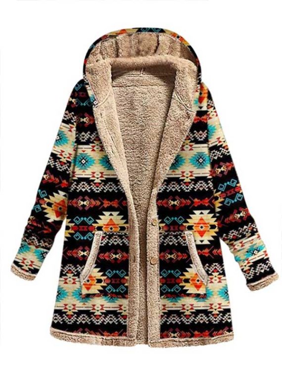 Casual Aztec Tribe Print Fleece Button Coat