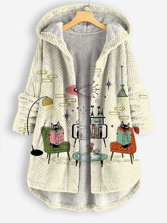 Casual Cat Art Print Coral Fleece Button Coat
