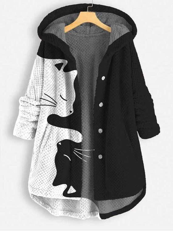 Casual Black Cat Art Print Coral Fleece Button Coat
