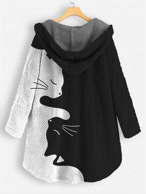 Casual Black Cat Art Print Coral Fleece Button Coat - Image 2