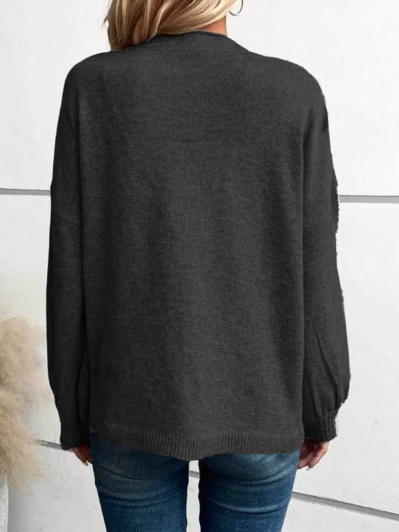 Black Plain V-Neck Long Sleeve Sweater - Image 2
