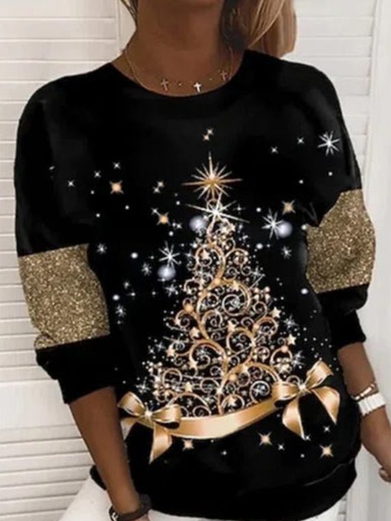 Christmas Tree Print Round Neck Long Sleeves Sweatshirt