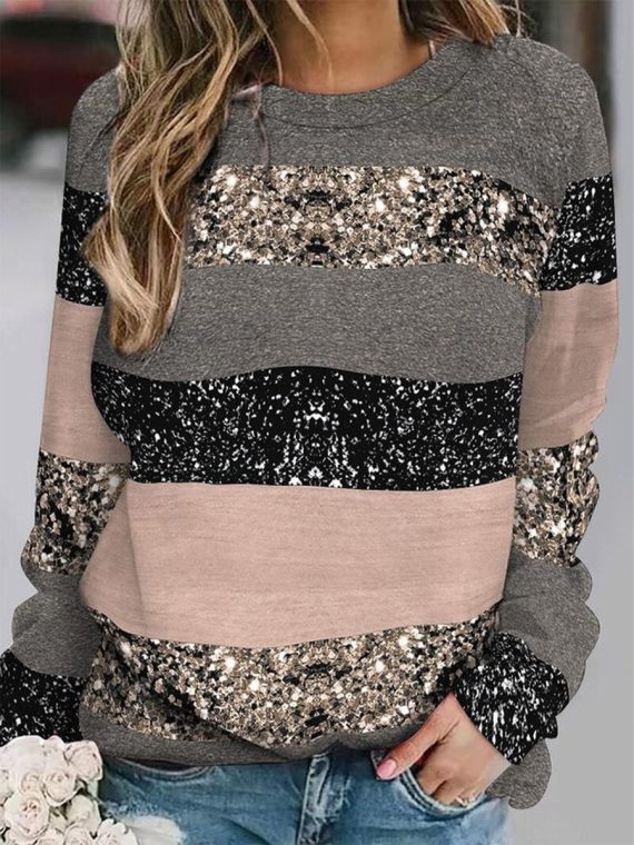 Contrast Stitching Striped Loose Crew Neck Casual Sweatshirt