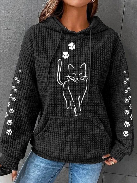 Cat Print Casual Waffle Long Sleeve Hoodie