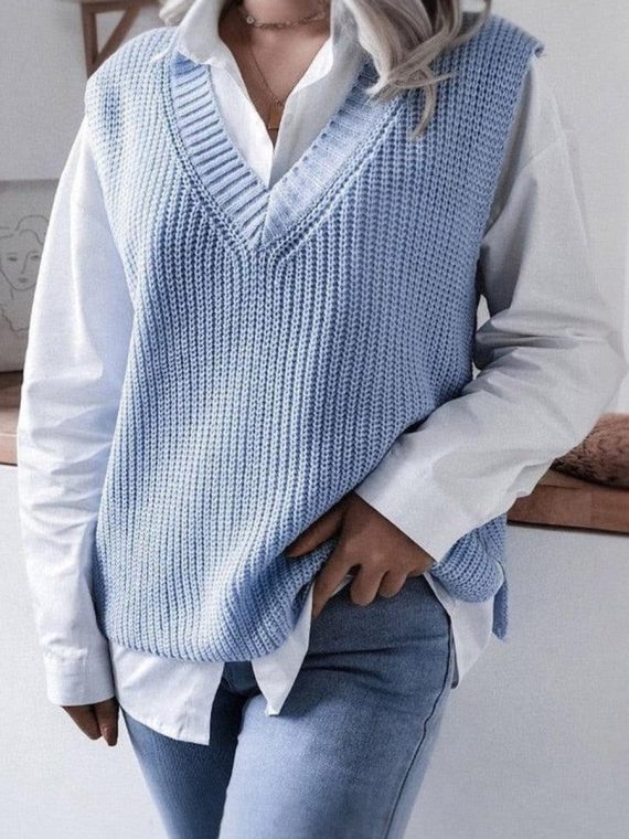 Basic Blue Plain Sleeveless V-Neck Sweater