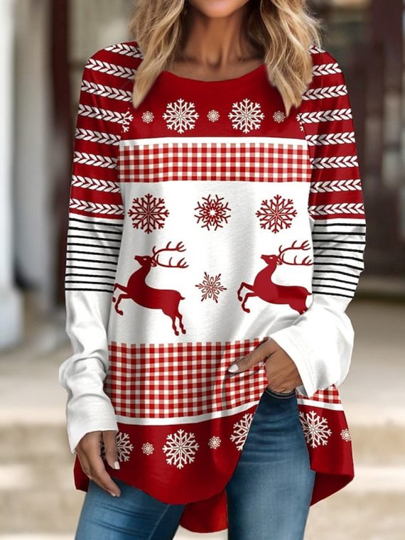 Christmas Party Round Neck Long Sleeve Snowflake Reindeer Print Sweatshirt