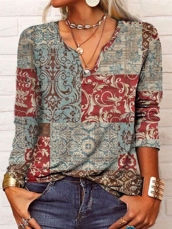 Casual Long Sleeve V neck Top