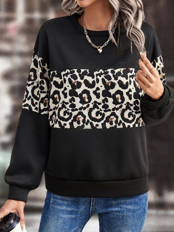 Casual Crew Neck Leopard Print Sweatshirt - Image 3