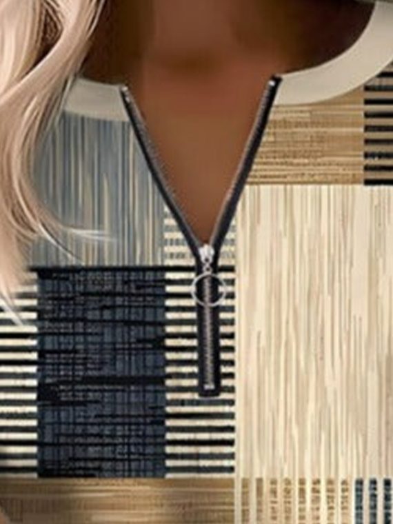 Color Block Casual Zipper V Neck Sweatshirt - Image 3