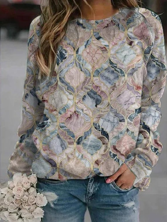 Crew Neck Loose Geometric Long Sleeve Sweatshirt