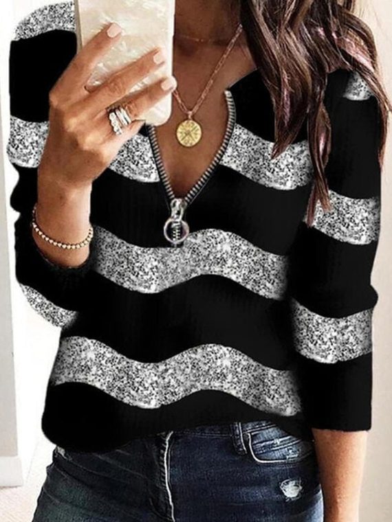 Geometric Print Casual Zipper V Neck Sweatshirt