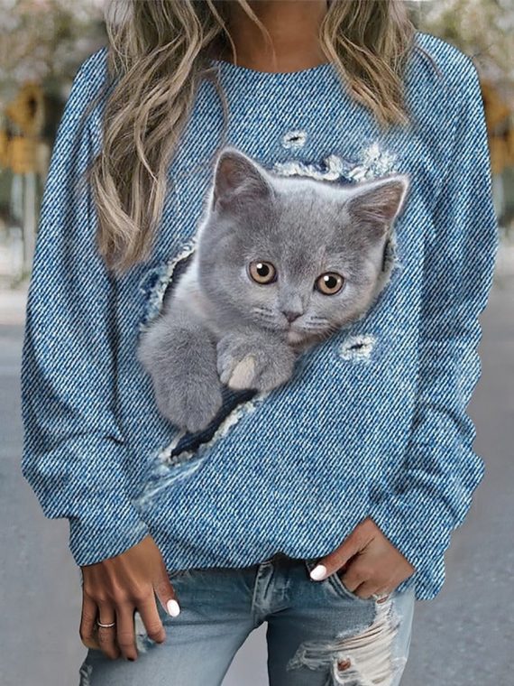 Blue Cat Crew Neck Long Sleeve Pullover Sweatshirt