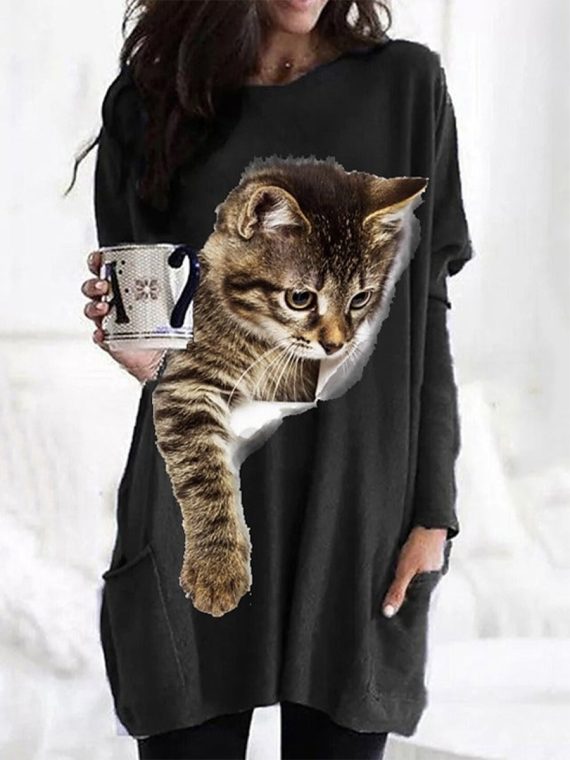 Black Cat 3D Pocket Casual Round Neck Long Sleeve Loose Top