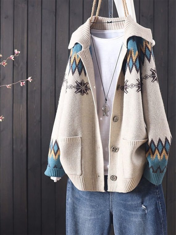 Knit Casual Long Sleeve Geometric Pattern Beige Cardigan Sweater