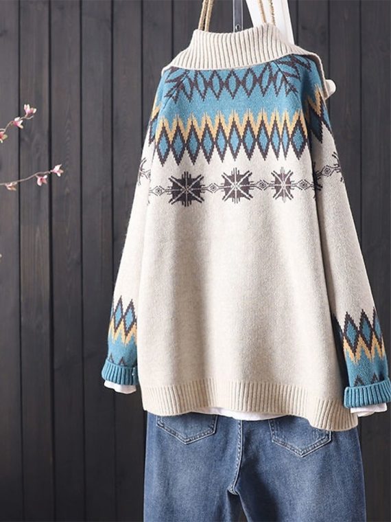 Knit Casual Long Sleeve Geometric Pattern Beige Cardigan Sweater - Image 2