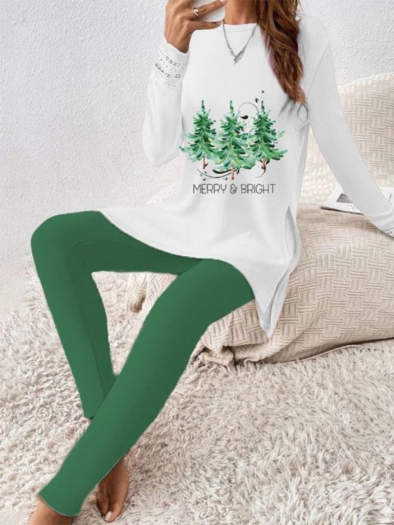 Chic Print Long Sleeve Green Two Piece Set