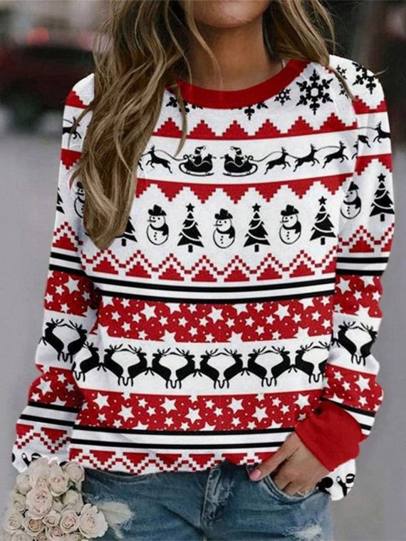 Red Print Round Neck Top