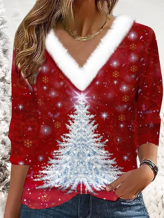 Red 3/4 Sleeve V-Neck Print Top