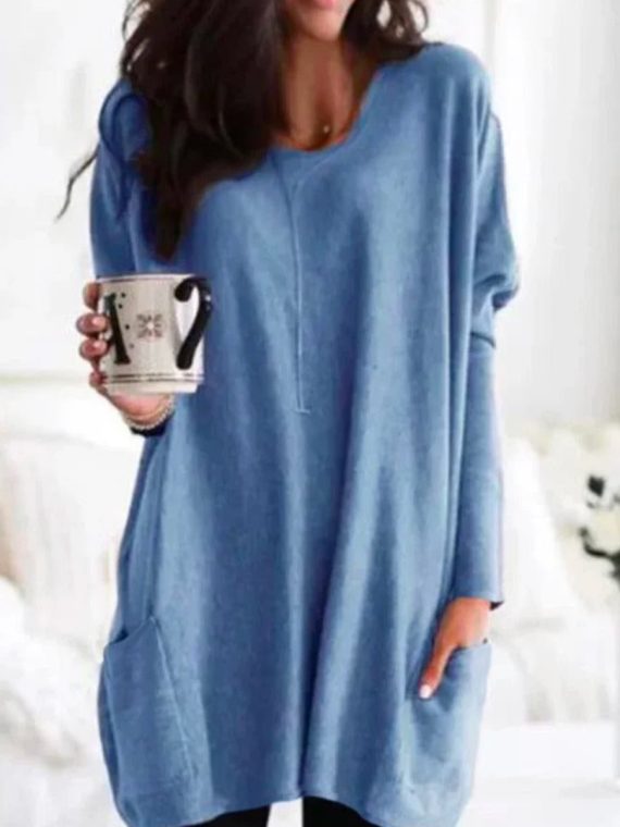 Plain Crew Neck Casual Simple Pockets Loose Long Sleeve Sweatshirt