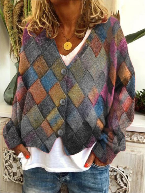 Plus Size Geometric Long Sleeve Sweater Coat