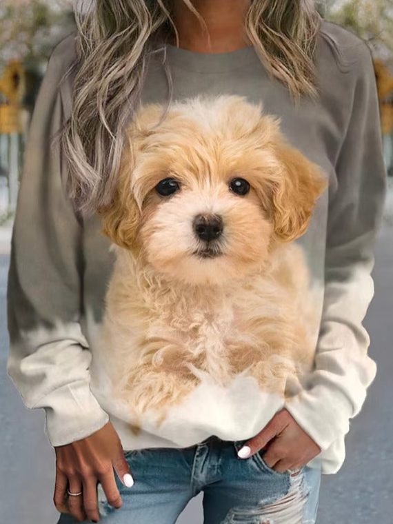 Ombre Dog Print Loose Crew Neck Casual Sweatshirt