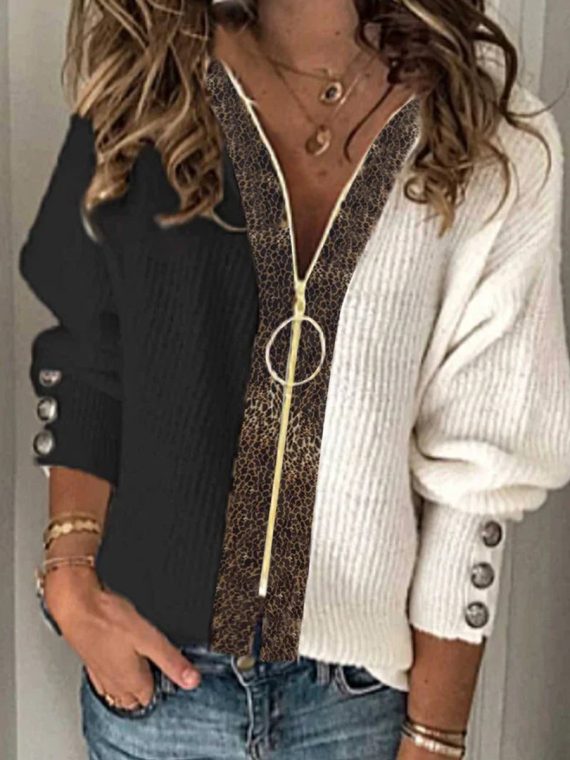 Zipper Leopard Buttons Long Sleeve Sweater
