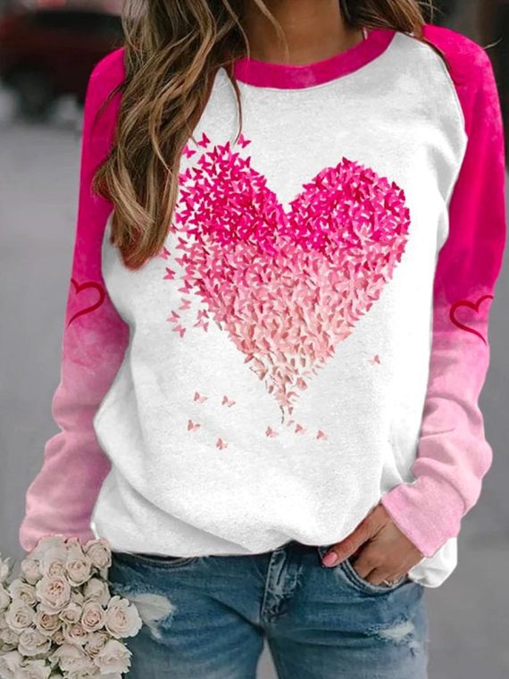 Crew Neck Jersey Heart/Cordate Print Casual Sweatshirt