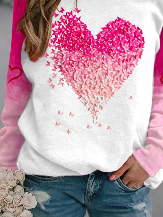 Crew Neck Jersey Heart/Cordate Print Casual Sweatshirt - Image 2
