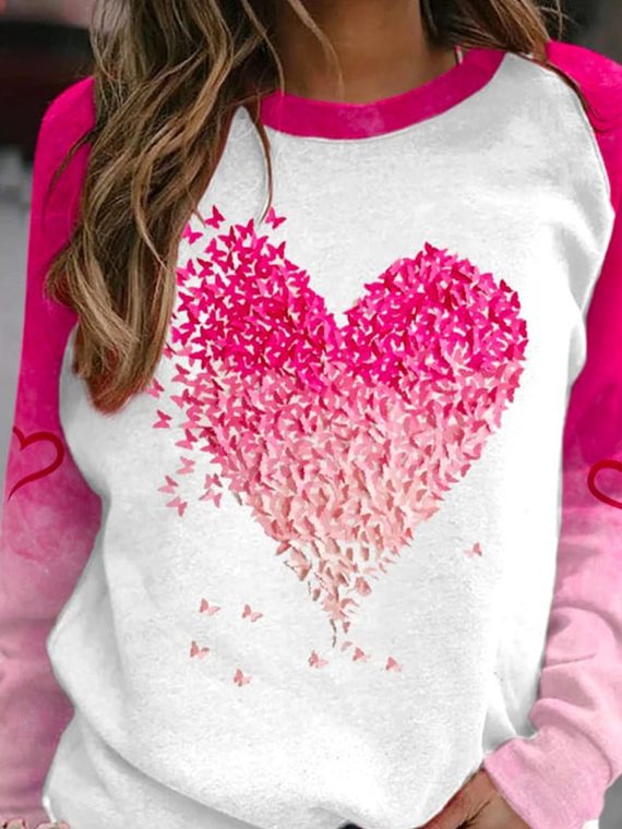 Crew Neck Jersey Heart/Cordate Print Casual Sweatshirt - Image 3