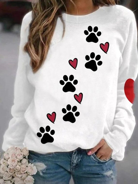 Crew Neck Dog Footprints Casual Sweatshirt