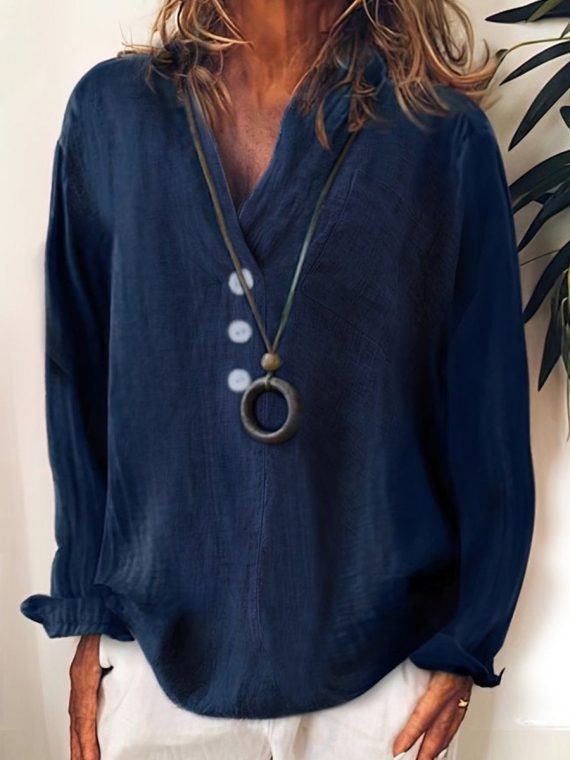 Plain Solid Button V Neck Casual Cotton Long Sleeve Blouse