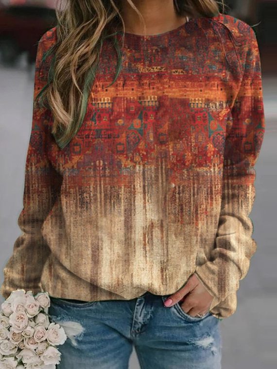 Casual Ethnic Floral Print Loose Pullover Sweatshirt