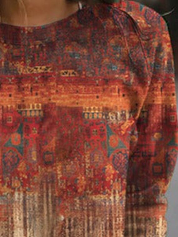 Casual Ethnic Floral Print Loose Pullover Sweatshirt - Image 2