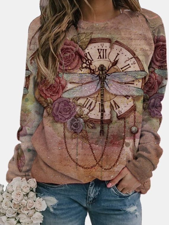 Dragonfly Floral Print Long Sleeve Sweatshirt