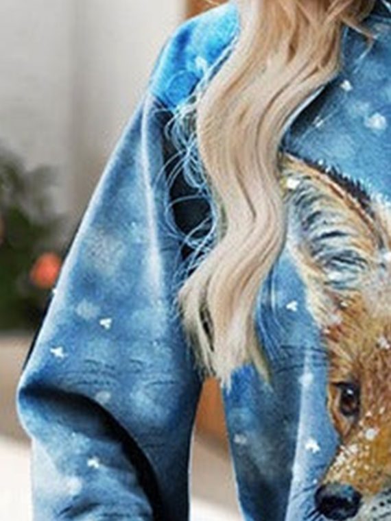 Casual Snowflake Fox Print Loose Sweatshirt - Image 2