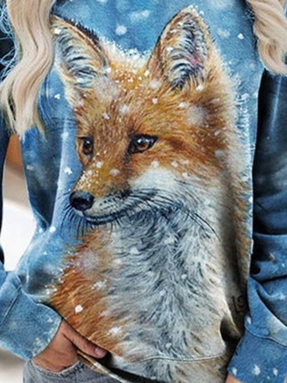 Casual Snowflake Fox Print Loose Sweatshirt - Image 3