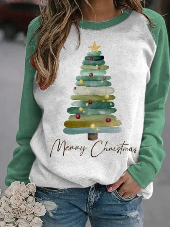 Crew Neck Casual Christmas Tree Sweatshirt