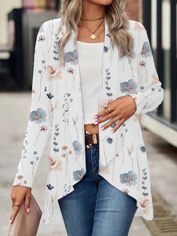 Floral Lapel Collar Casual Knitted Kimono