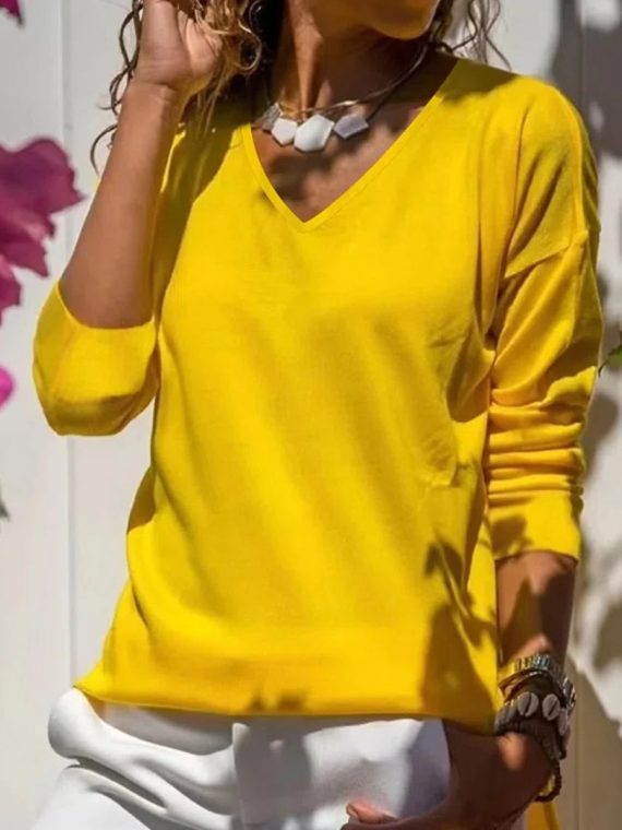 V Neck Plain Autumn Casual Daily Loose T-shirt