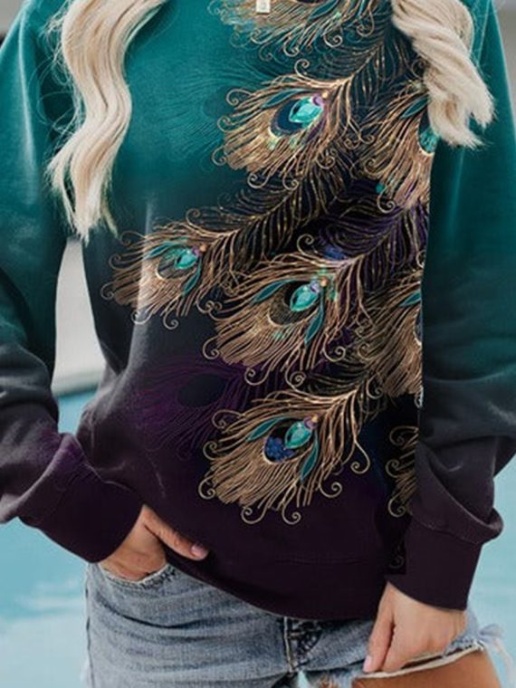 Feather Print Casual Crew Neck Sweatshirt - Image 2