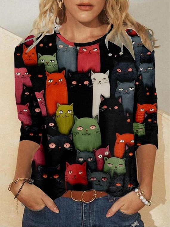 Crew Neck Long Sleeve Cat Regular Micro-Elasticity Regular Fit Shirt