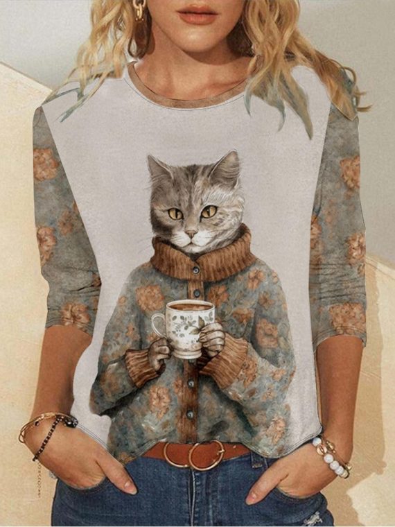Long Sleeve Round Neck Cat Printed Casual T-Shirt