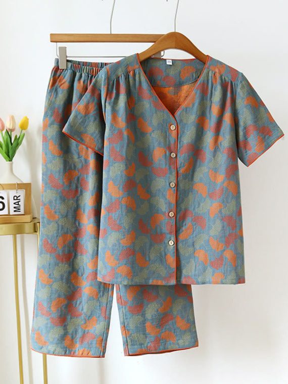 Ginkgo Leaf Jacquard V-neck Short Loungewear