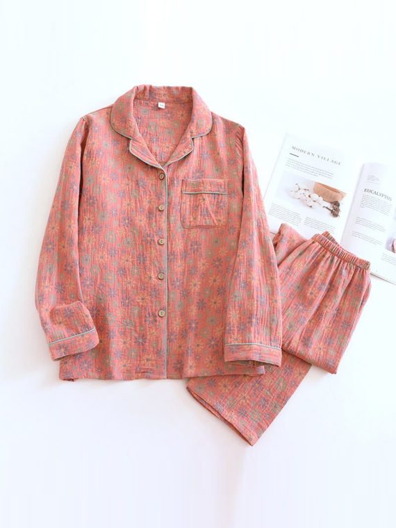 Vintage Leaf Cotton Lapel Loungewear Set